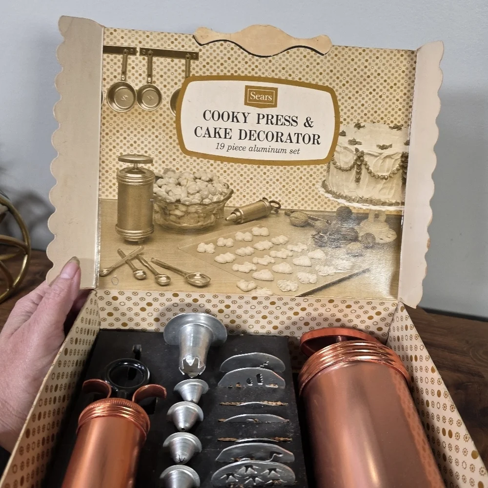 Vintage Sears Cooky Press & Cake Decorator Set Copper and Silver Tone
